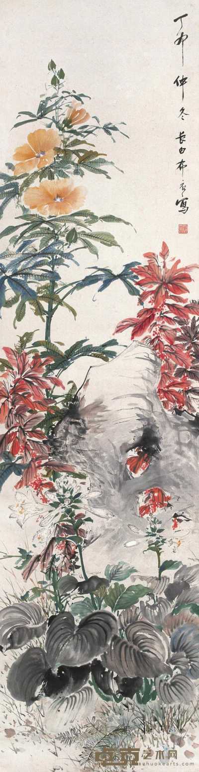 颜伯龙 1927年作 花卉 立轴 176.5×45.5cm